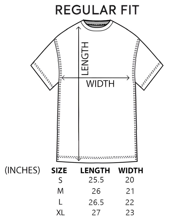 May include: A size chart for a t-shirt showing the length and width measurements in inches for sizes S, M, L, and XL.