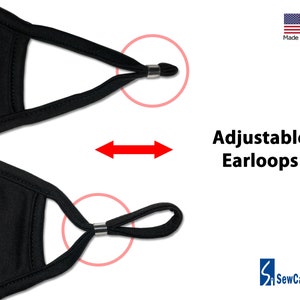 Op de afbeelding: Zwart gezichtsmasker met verstelbare oorlussen. De oorlussen hebben een schuifregelaar om de lengte aan te passen. Gemaakt in de VS.