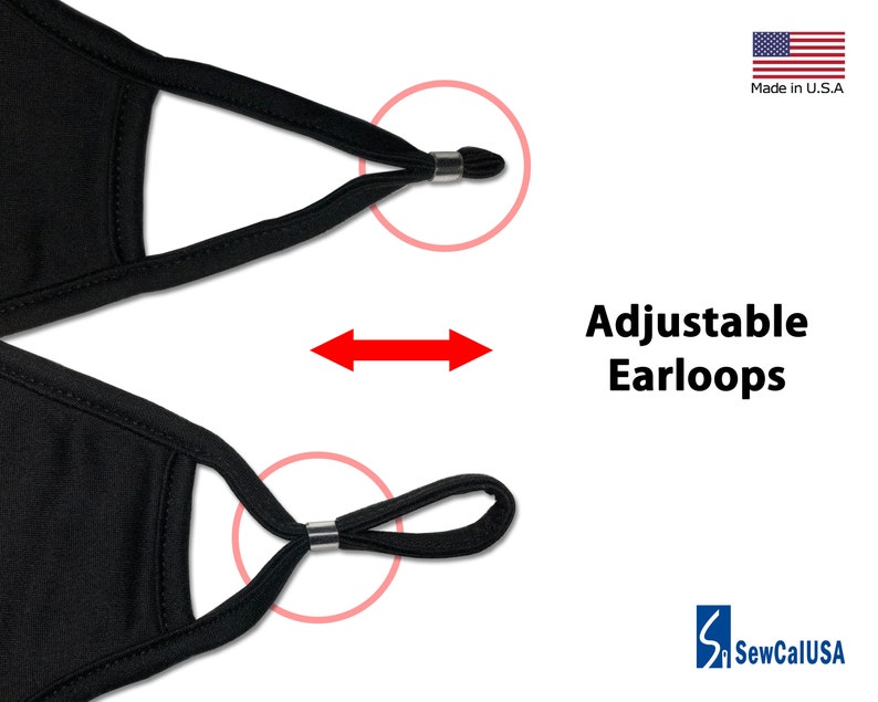 Op de afbeelding: Zwart gezichtsmasker met verstelbare oorlussen. De oorlussen hebben een schuifregelaar om de lengte aan te passen. Gemaakt in de VS.