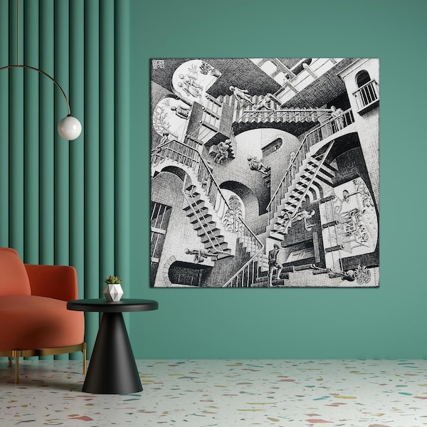 Surrealistic Wall Art Print Relativity by M.C. Escher Canvas Print Black and White Wall Art Surrealism Art Print Minimalism Canvas Art