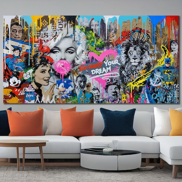 Motivational Wall Art Canvas Print Banksy Trendy Street Graffiti Artwork Colorful Banksy Inspirational Large Wall Art for Home Room Decor