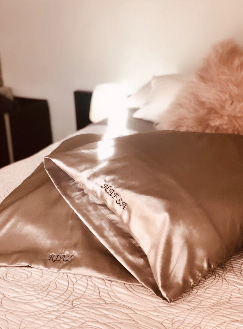 Set of 2 Personalized Satin Pillowcases, Embroidered Satin Pillowcase