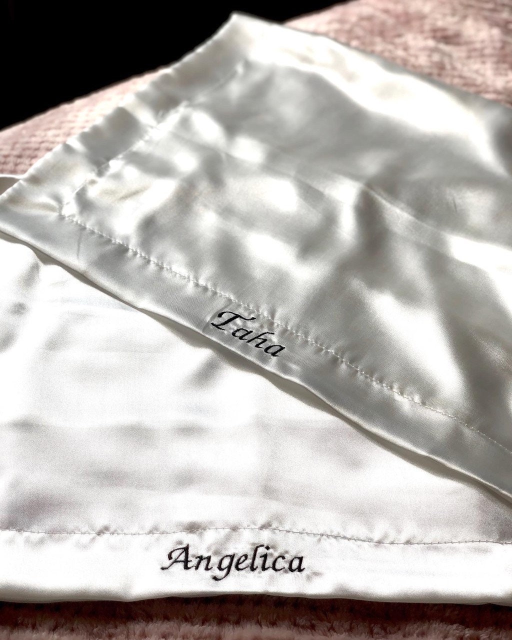 Set of 2 Personalized Satin Pillowcases, Embroidered Satin Pillowcase