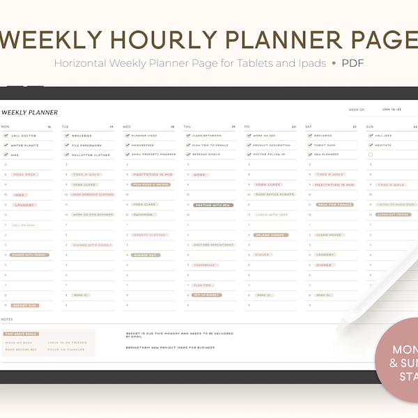 Weekly 15-hour Planner Page GoodNotes Notability Weekly Overview Horizontal To Do List Notes Schedule Weekly for Ipad Tablets