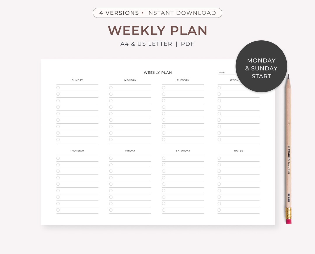 Printable Weekly Planner A4 US Letter PDF Monday Sunday Start Spread ...