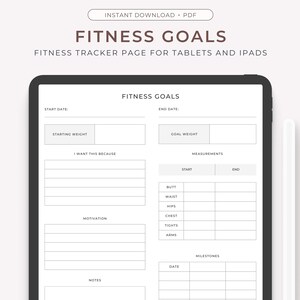Könnte beinhalten: Eine druckbare Fitness-Tracker-Seite für Tablets und iPads. Die Seite enthält Abschnitte für das Startgewicht und das Zielgewicht, Messungen, Motivation, Notizen und Meilensteine.