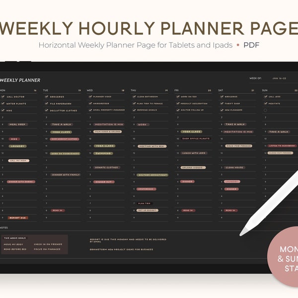 Weekly Dark Mode 15-hour Planner Page GoodNotes Notability Weekly Overview Horizontal To Do List Notes Schedule Weekly for Ipad Tablets