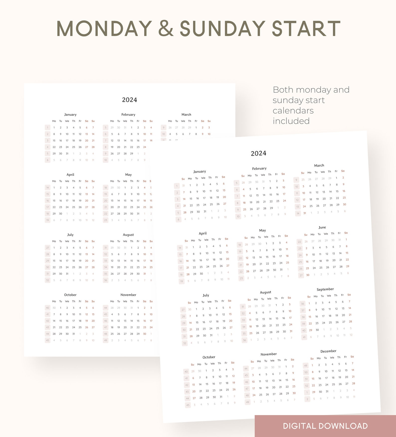 2024 Year at a Glance Printable Calendar PDF US Letter A4 Yearly ...