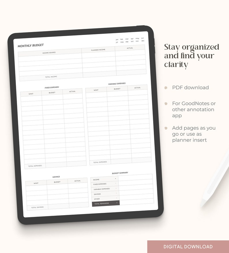 Monthly Budget Finance Planner Page Insert Goodnotes Digital Etsy