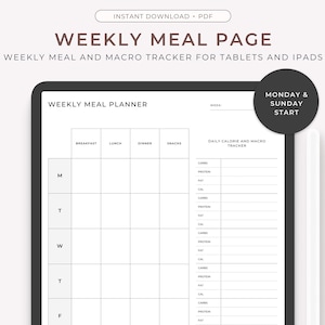 Weekly Meal Planner, Menu-At-A-Glance, Calorie Macro Tracker, Monday Sunday Start, Digital Meal Plan Template, Planner Insert, Ipad Tablet