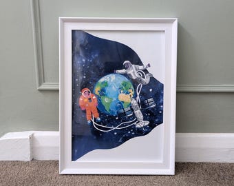Space Art Print, Dog Illustration, Neutral Gender Gift, Children's Room (A5, A4, A3)
