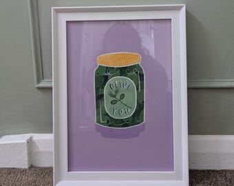 Olive Jar Art Print, Kitchen, Children's Room, Olive Lover Gift (A5, A4, A3)