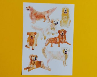 DIGITAL DOWNLOAD, A5, A4, A3, Golden Retriever Art Print, Happy Dog, Yellow