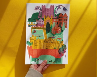 A5 A4 A3 Arundel Art Print, Arundel Cathedral, UK Prints, Local Art Prints, England Art, Colourful Art Print, Location, Arundel Castle