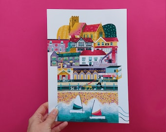 DIGITAL DOWNLOAD A5 A4 A3 Felpham Village Art Print, Seaside, England, Colourful, West Sussex