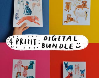 DIGITAL DOWNLOAD, A5 A4 A3, Digital Print Bundle, Dog Art, Colourful, Greyhounds, French Bulldogs, Spaniels, Golden Retrievers