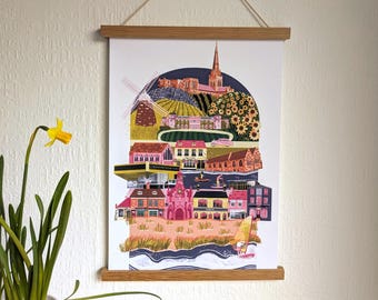 A5 A4 A3 Chichester Art Print, City, England, West Sussex, Colourful, Cathedral, Goodwood, Witterings