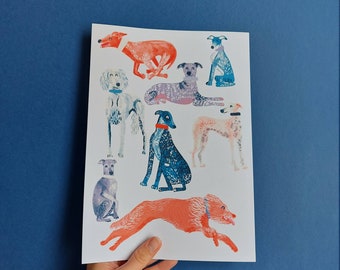 DIGITAL DOWNLOAD A5, A4, A3, Sighthound Art Print, Greyhound, Whippet, Lurcher, Dog, Colourful
