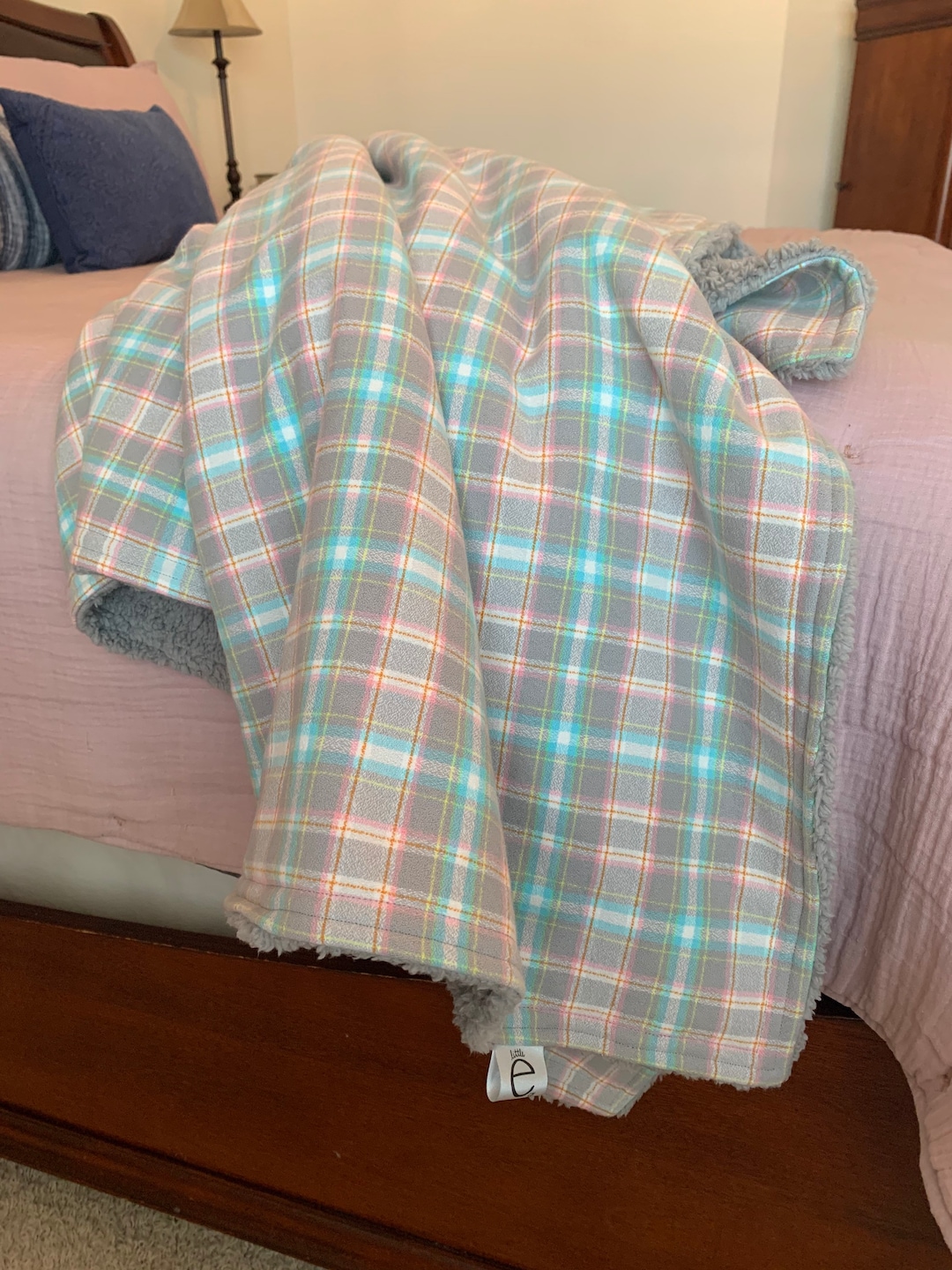 SOFT minky & Flannel Lap Blanket in Pink, Teal and Gray Plaid Colors