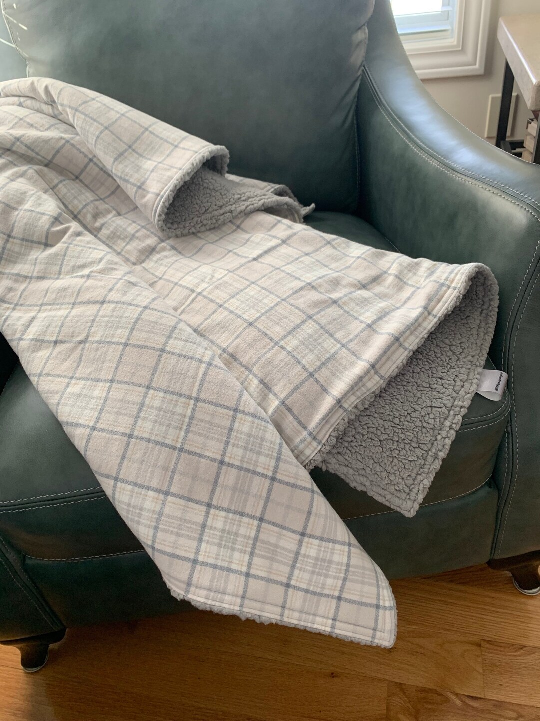 SOFT sherpa & Flannel Lap Blanket in Ivory and Gray Plaid Etsy