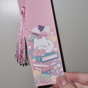 Segnalibro carino, gatto bianco che dorme, segnalibro topo di biblioteca, gatto Kawaii, segnalibro rosa, regalo per lei, regalo per gli amanti dei libri