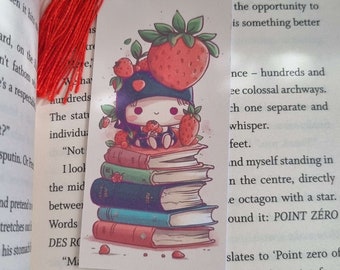 Cute Bookmark, Strawberry and Book Staples, Bookworm Bookmark, Kawaii Style, Cute Fruit Bookmark, Gift for her, Booklover Gift