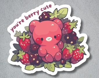 You're berry cute Sticker, Berry Sticker, Love Sticker, Cute Bear in Berries Sticker, Red Bear Sticker