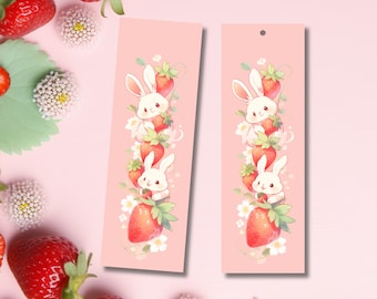 Cute Bookmark, Strawberry Bunny Bookmark, Bookworm Bookmark, Kawaii Bunny, Strawberry Bookmark, Pink Strawberry Bookmark, Booklover Gift