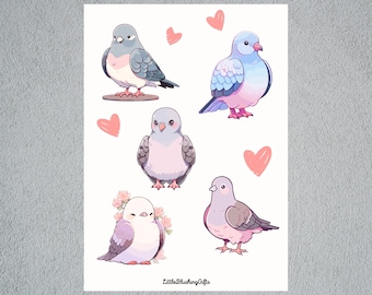 Cute Pigeon Sticker Sheet, Sticker Sheet Birds, Bird Sticker, Pigeon Stickers, Mini Sticker Sheet, A6 Pigeon Stickersheet