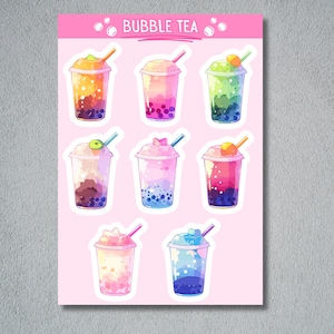 Feuille d'autocollants mignons de bubble tea, autocollants colorés de bubble tea, autocollants Boba vifs, feuille d'autocollants A5, mignons bubble teas Boba