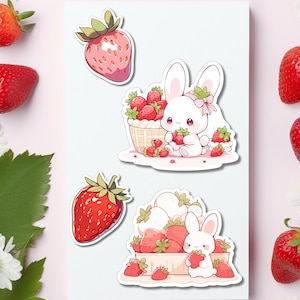 Linda pegatina de fresa, conjunto de pegatinas de fresa, pegatina decorativa, conjunto de pegatinas de conejito de fresa, pegatina Kawaii, conjunto de temas de fresa
