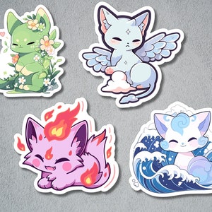 Magical Elemental Cat Sticker - 4 Die-Cut Stickers Featuring Cute Cats symbolizing the Elements, Fire Cat, Water Cat, Air Cat, Nature Cat