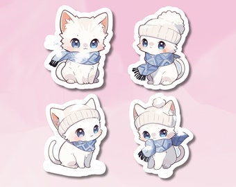 May include: Four white cat stickers with blue scarves and white hats. The cats are in different poses, some with their heads tilted and some with their tails curled.