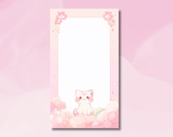 May include: A pink and white floral frame with a white cat sitting in the center. The cat has pink ears and a pink nose.