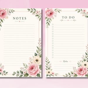 May include: Two floral-themed notepads. One notepad says "NOTES" and the other says "TO DO". Both notepads have a cream-coloured background with pink roses, white flowers, and green leaves. The "NOTES" notepad has lined paper, and the "TO DO" notepad has checkboxes.