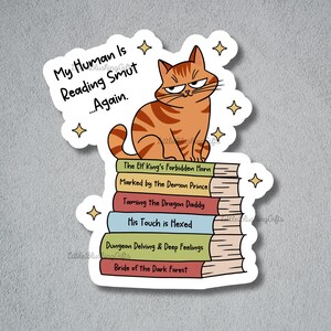 Puede incluir: Una pegatina con un gato atigrado naranja con expresi&oacute;n de enfado sentado sobre una pila de libros. Los libros tienen t&iacute;tulos humor&iacute;sticos como "Taming the Dragon Daddy". El texto encima del gato dice "My Human Is Reading Smut...Again."