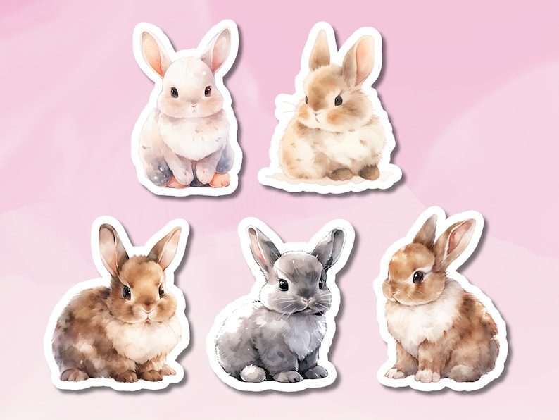 May include: Six watercolour illustrations of cute bunnies in various poses. The bunnies are all white, brown, or grey with fluffy tails. They are perfect for adding a touch of whimsy to any project.