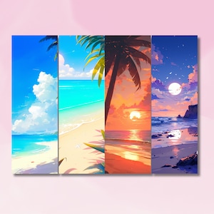 May include: Four digital paintings depicting different beach scenes. The first scene shows a bright blue sky with white clouds over a turquoise ocean and a white sandy beach. The second scene features a bright blue sky with white clouds over a turquoise ocean and a white sandy beach with palm trees. The third scene is a sunset over a beach with palm trees. The fourth scene is a night scene with a full moon over a dark blue ocean and a rocky beach.