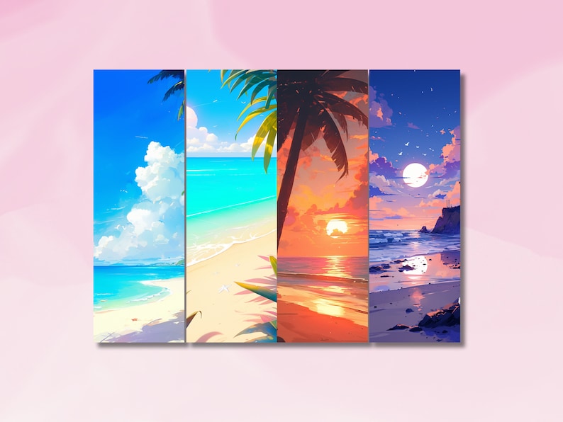 K&ouml;nnte beinhalten: Vier digitale Gem&auml;lde, die verschiedene Strandszenen darstellen. Die erste Szene zeigt einen strahlend blauen Himmel mit wei&szlig;en Wolken &uuml;ber einem t&uuml;rkisfarbenen Meer und einem wei&szlig;en Sandstrand. Die zweite Szene zeigt einen strahlend blauen Himmel mit wei&szlig;en Wolken &uuml;ber einem t&uuml;rkisfarbenen Meer und einem wei&szlig;en Sandstrand mit Palmen. Die dritte Szene ist ein Sonnenuntergang &uuml;ber einem Strand mit Palmen. Die vierte Szene ist eine Nachtszene mit einem Vollmond &uuml;ber einem dunkelblauen Meer und einem felsigen Strand.