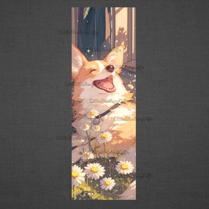 May include: A cartoon illustration of a corgi dog with its mouth open, smiling, and surrounded by white flowers. The dog is light brown and white with a black collar. The background is a blurry image of a window and a room.