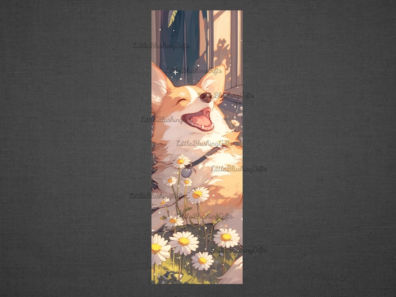 May include: A cartoon illustration of a corgi dog with its mouth open, smiling, and surrounded by white flowers. The dog is light brown and white with a black collar. The background is a blurry image of a window and a room.
