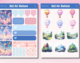 Cute Hot Air Balloon Stickersheet, A5 Size, A5 Journal and Bulletjournal, Pastel Color Doodle Clouds, Hot Air Balloons in the Sky