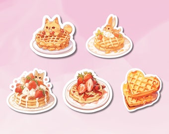 Cute Waffle Stickers, Waffle Buddies, Cute Food Stickers, Bunny Waffle, Cat Waffle, Waffle Sticker Set