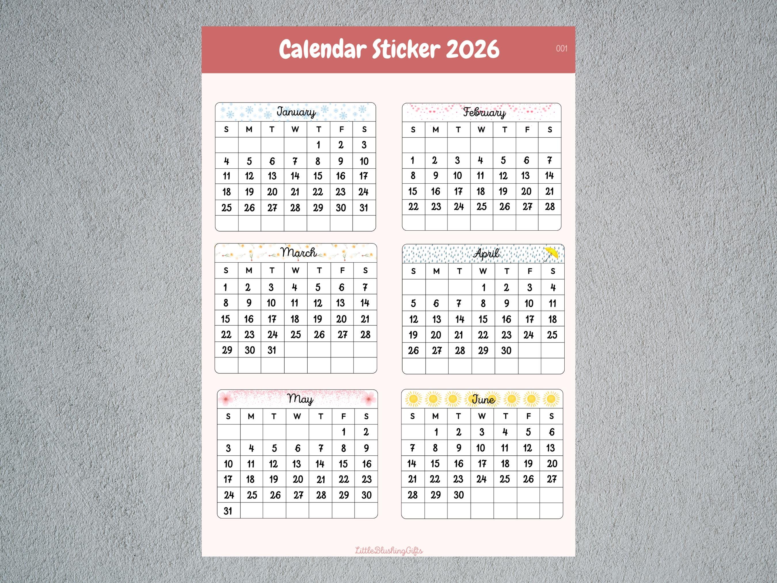 Cute 2026 Calendar Stickersheets, Calendars 2026, Calendar ...