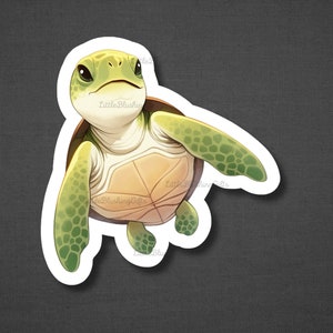 May include: A green sea turtle with a brown shell is swimming with its flippers outstretched. The turtle has a cute, cartoon-like expression on its face.