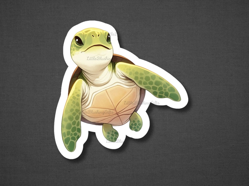 May include: A green sea turtle with a brown shell is swimming with its flippers outstretched. The turtle has a cute, cartoon-like expression on its face.