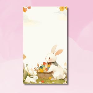 May include: Two white rabbits in a field of green grass and flowers. The larger rabbit is holding a basket full of colorful Easter eggs.