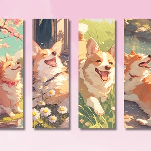 May include: Four illustrations of a smiling corgi dog in different settings. The first image shows the corgi sitting in a field with pink cherry blossoms. The second image shows the corgi lying down in a field of white daisies. The third image shows the corgi standing in a field of green grass. The fourth image shows the corgi lying down on a rock by a river.