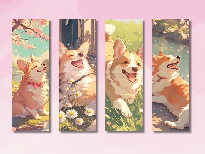 May include: Four illustrations of a smiling corgi dog in different settings. The first image shows the corgi sitting in a field with pink cherry blossoms. The second image shows the corgi lying down in a field of white daisies. The third image shows the corgi standing in a field of green grass. The fourth image shows the corgi lying down on a rock by a river.