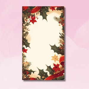 Può includere: Un biglietto di Natale stampabile con un bordo di nastro rosso e foglie di agrifoglio. Lo sfondo è di colore crema in stile vintage.